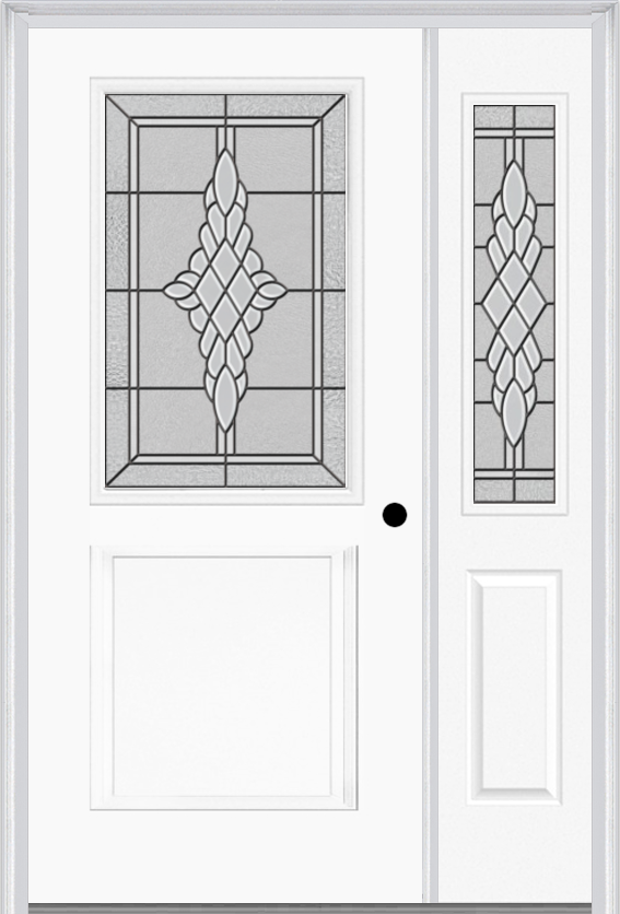 MMI 1/2 Lite 1 Panel 6'8" Fiberglass Smooth Grace Nickel Or Grace Patina Exterior Prehung Door With 1 Half Lite Grace Nickel/Patina Decorative Glass Sidelight 682