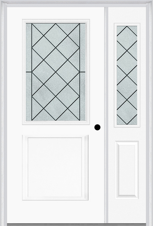 MMI 1/2 Lite 1 Panel 6'8" Fiberglass Smooth Harris Patina Exterior Prehung Door With 1 Half Lite Harris Patina Decorative Glass Sidelight 682