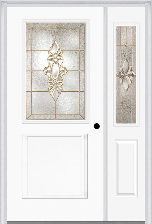 MMI 1/2 Lite 1 Panel 6'8" Fiberglass Smooth Heirlooms Brass Or Heirlooms Satin Nickel Exterior Prehung Door With 1 Half Lite Heirlooms Brass/Satin Nickel Decorative Glass Sidelight 682