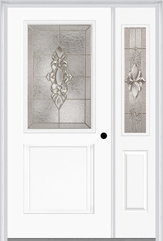 MMI 1/2 Lite 1 Panel 6'8" Fiberglass Smooth Heirlooms Brass Or Heirlooms Satin Nickel Exterior Prehung Door With 1 Half Lite Heirlooms Brass/Satin Nickel Decorative Glass Sidelight 682