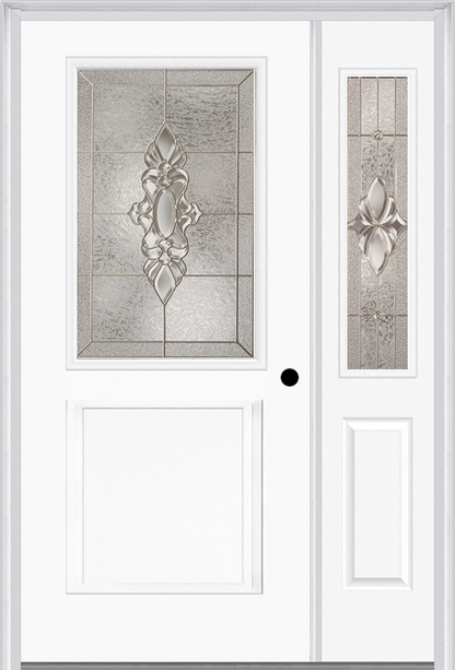 MMI 1/2 Lite 1 Panel 6'8" Fiberglass Smooth Heirlooms Brass Or Heirlooms Satin Nickel Exterior Prehung Door With 1 Half Lite Heirlooms Brass/Satin Nickel Decorative Glass Sidelight 682