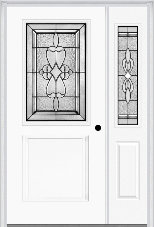 MMI 1/2 Lite 1 Panel 6'8" Fiberglass Smooth Jamestown Patina Exterior Prehung Door With 1 Half Lite Jamestown Patina Decorative Glass Sidelight 682