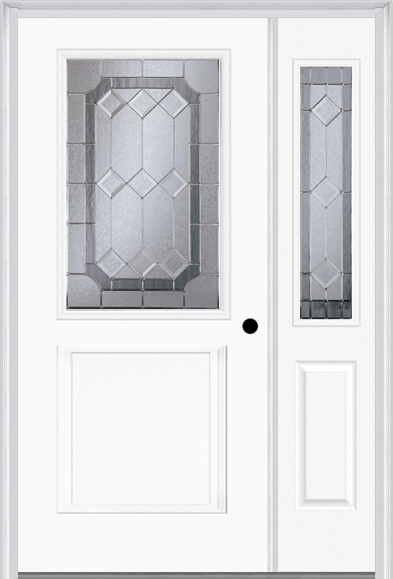 MMI 1/2 Lite 1 Panel 6'8" Fiberglass Smooth Majestic Nickel Exterior Prehung Door With 1 Half Lite Majestic Brass/Nickel Decorative Glass Sidelight 682