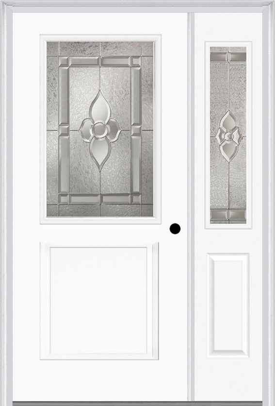 MMI 1/2 Lite 1 Panel 6'8" Fiberglass Smooth Nouveau Nickel Or Nouveau Patina Exterior Prehung Door With 1 Half Lite Nouveau Brass/Nickel/Patina Decorative Glass Sidelight 682