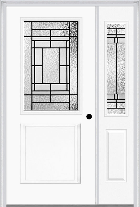 MMI 1/2 Lite 1 Panel 6'8" Fiberglass Smooth Pembrook Patina Exterior Prehung Door With 1 Half Lite Pembrook Patina Decorative Glass Sidelight 682