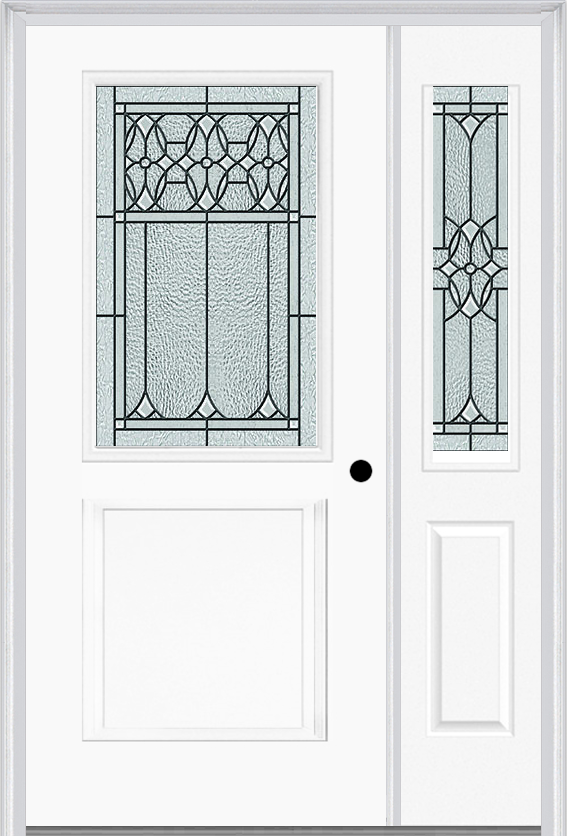 MMI 1/2 Lite 1 Panel 6'8" Fiberglass Smooth Selwyn Patina Exterior Prehung Door With 1 Half Lite Selwyn Patina Decorative Glass Sidelight 682