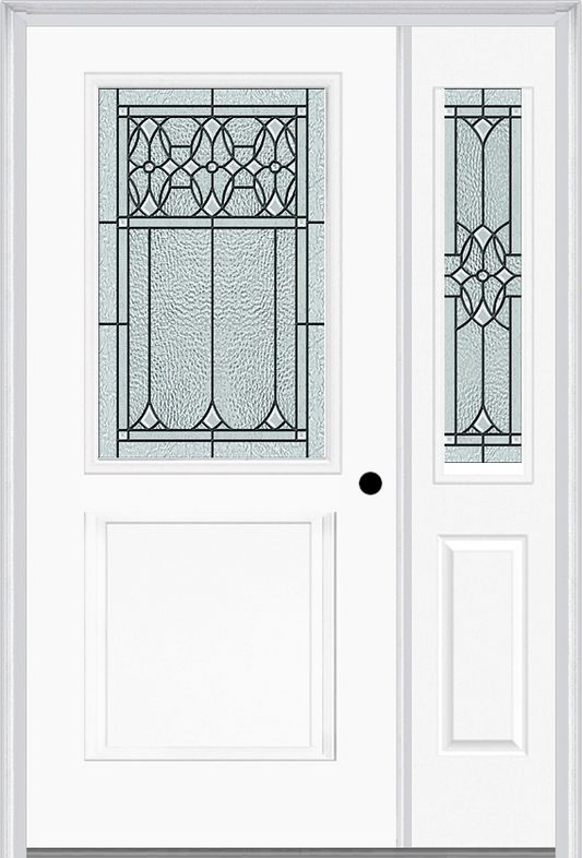 MMI 1/2 Lite 1 Panel 6'8" Fiberglass Smooth Selwyn Patina Exterior Prehung Door With 1 Half Lite Selwyn Patina Decorative Glass Sidelight 682