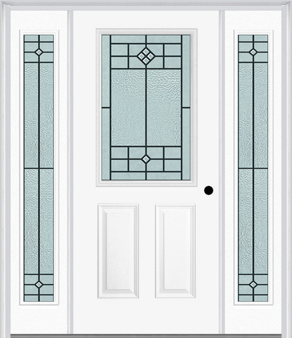 MMI 1/2 Lite 2 Panel 6'8" Fiberglass Smooth Beaufort Patina Exterior Prehung Door With 2 Full Lite Beaufort Patina Decorative Glass Sidelights 684