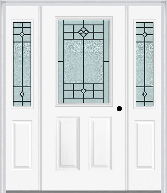 MMI 1/2 Lite 2 Panel 6'8" Fiberglass Smooth Beaufort Patina Exterior Prehung Door With 2 Half Lite Beaufort Patina Decorative Glass Sidelights 684