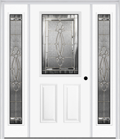 MMI 1/2 Lite 2 Panel 6'8" Fiberglass Smooth Belaire Zinc Exterior Prehung Door With 2 Full Lite Belaire Zinc Decorative Glass Sidelights 684