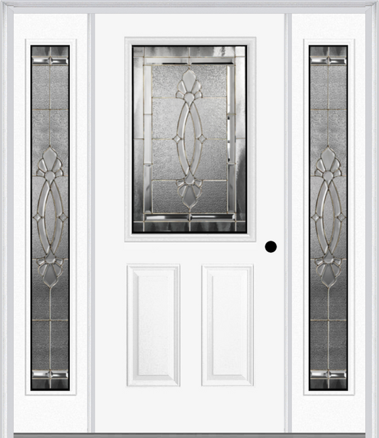 MMI 1/2 Lite 2 Panel 6'8" Fiberglass Smooth Belaire Zinc Exterior Prehung Door With 2 Full Lite Belaire Zinc Decorative Glass Sidelights 684