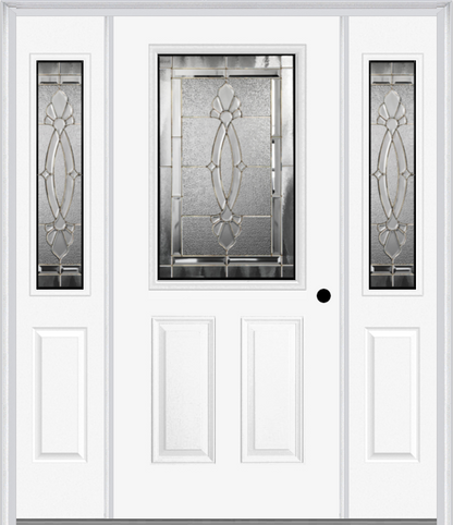 MMI 1/2 Lite 2 Panel 6'8" Fiberglass Smooth Belaire Zinc Exterior Prehung Door With 2 Half Lite Belaire Zinc Decorative Glass Sidelights 684