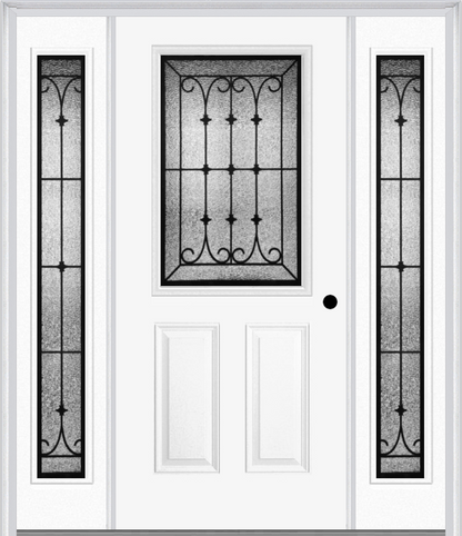 MMI 1/2 Lite 2 Panel 6'8" Fiberglass Smooth Chateau Wrought Iron Exterior Prehung Door With 2 Full Lite Chateau Wrought Iron Decorative Glass Sidelights 684