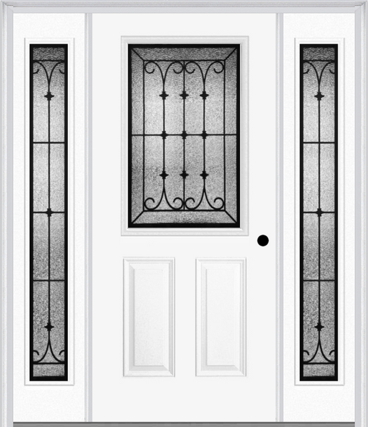 MMI 1/2 Lite 2 Panel 6'8" Fiberglass Smooth Chateau Wrought Iron Exterior Prehung Door With 2 Full Lite Chateau Wrought Iron Decorative Glass Sidelights 684