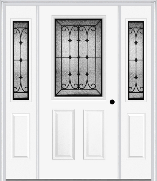 MMI 1/2 Lite 2 Panel 6'8" Fiberglass Smooth Chateau Wrought Iron Exterior Prehung Door With 2 Half Lite Chateau Wrought Iron Decorative Glass Sidelights 684