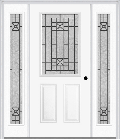 MMI 1/2 Lite 2 Panel 6'8" Fiberglass Smooth Courtyard Nickel Vein Wrought Iron Exterior Prehung Door With 2 Full Lite Courtyard Nickel Vein Wrought Iron Decorative Glass Sidelights 684