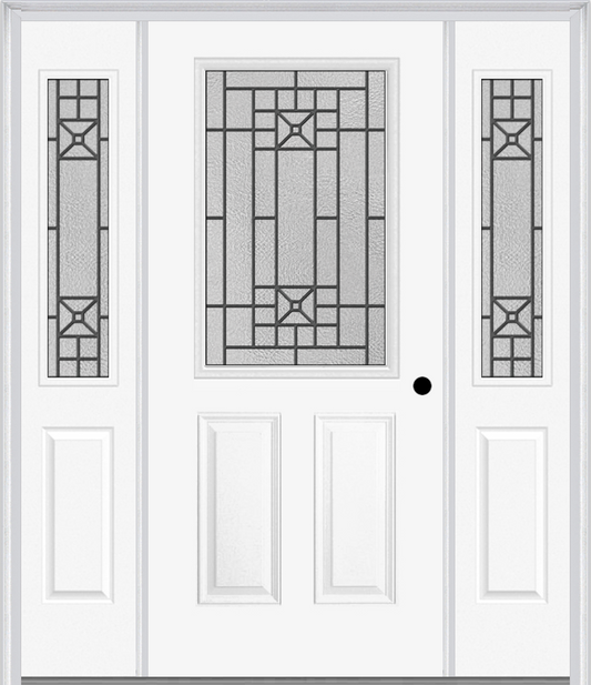 MMI 1/2 Lite 2 Panel 6'8" Fiberglass Smooth Courtyard Nickel Vein Wrought Iron Exterior Prehung Door With 2 Half Lite Courtyard Nickel Vein Wrought Iron Decorative Glass Sidelights 684