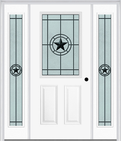 MMI 1/2 Lite 2 Panel 6'8" Fiberglass Smooth Elegant Star Wrought Iron Exterior Prehung Door With 2 Full Lite Elegant Star Wrought Iron Decorative Glass Sidelights 684
