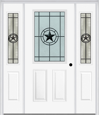 MMI 1/2 Lite 2 Panel 6'8" Fiberglass Smooth Elegant Star Wrought Iron Exterior Prehung Door With 2 Half Lite Elegant Star Wrought Iron Decorative Glass Sidelights 684