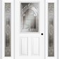 MMI 1/2 LITE 2 PANEL 6'8" FIBERGLASS SMOOTH EXPRESSIONS SATIN NICKEL EXTERIOR PREHUNG DOOR WITH 2 FULL LITE EXPRESSIONS SATIN NICKEL DECORATIVE GLASS SIDELIGHTS 684
