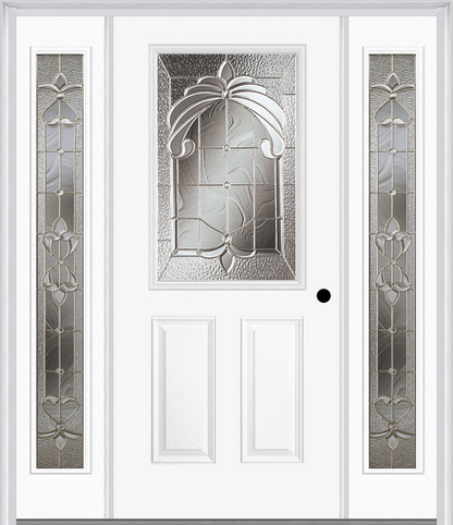 MMI 1/2 LITE 2 PANEL 6'8" FIBERGLASS SMOOTH EXPRESSIONS SATIN NICKEL EXTERIOR PREHUNG DOOR WITH 2 FULL LITE EXPRESSIONS SATIN NICKEL DECORATIVE GLASS SIDELIGHTS 684