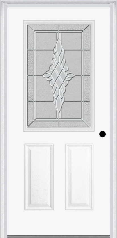 MMI 1/2 Lite 2 Panel 6'8" Fiberglass Smooth Grace Nickel Or Grace Patina Decorative Glass Exterior Prehung Door 684