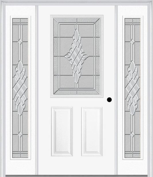 MMI 1/2 Lite 2 Panel 6'8" Fiberglass Smooth Grace Nickel Or Grace Patina Exterior Prehung Door With 2 Full Lite Grace Nickel/Patina Decorative Glass Sidelights 684