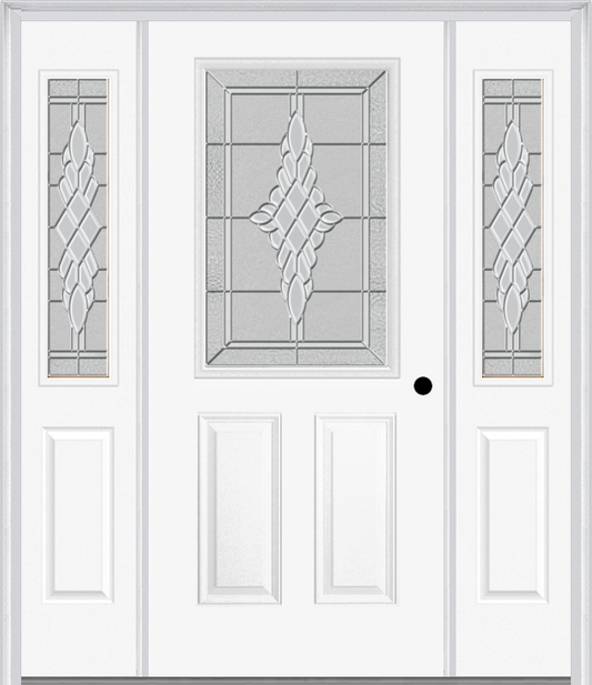 MMI 1/2 Lite 2 Panel 6'8" Fiberglass Smooth Grace Nickel Or Grace Patina Exterior Prehung Door With 2 Half Lite Grace Nickel/Patina Decorative Glass Sidelights 684