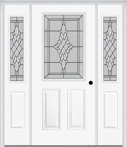 MMI 1/2 Lite 2 Panel 6'8" Fiberglass Smooth Grace Nickel Or Grace Patina Exterior Prehung Door With 2 Half Lite Grace Nickel/Patina Decorative Glass Sidelights 684