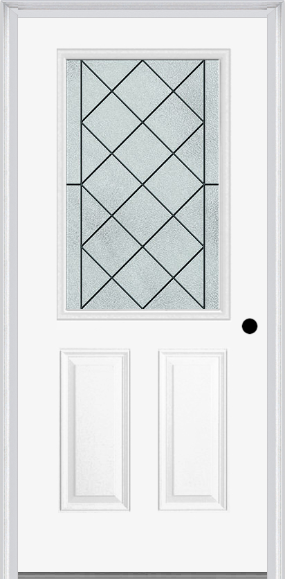 MMI 1/2 Lite 2 Panel 6'8" Fiberglass Smooth Harris Patina Decorative Glass Exterior Prehung Door 684