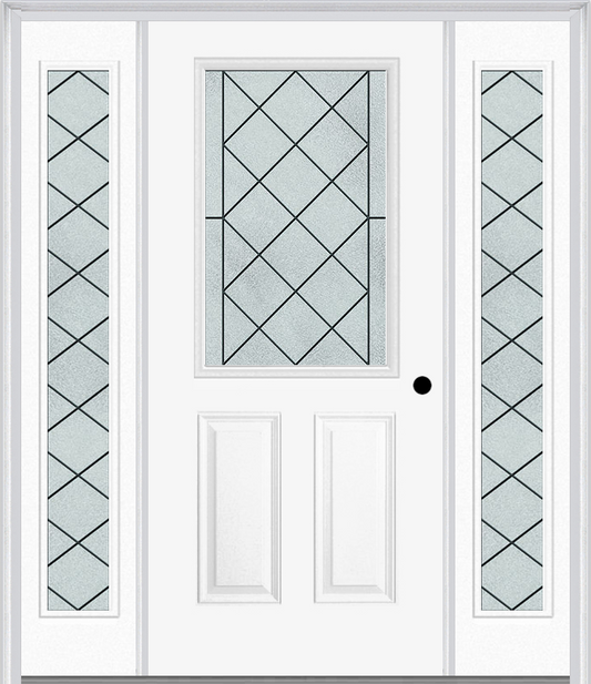 MMI 1/2 Lite 2 Panel 6'8" Fiberglass Smooth Harris Patina Exterior Prehung Door With 2 Full Lite Harris Patina Decorative Glass Sidelights 684