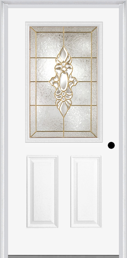 MMI 1/2 Lite 2 Panel 6'8" Fiberglass Smooth Heirlooms Brass Or Heirlooms Satin Nickel Decorative Glass Exterior Prehung Door 684