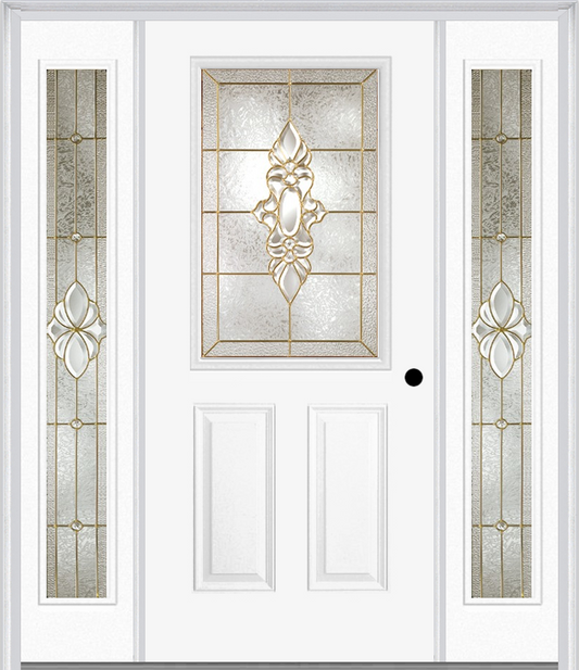 MMI 1/2 Lite 2 Panel 6'8" Fiberglass Smooth Heirlooms Brass Or Heirlooms Satin Nickel Exterior Prehung Door With 2 Full Lite Heirlooms Brass/Satin Nickel Decorative Glass Sidelights 684