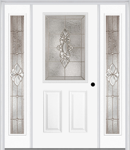 MMI 1/2 Lite 2 Panel 6'8" Fiberglass Smooth Heirlooms Brass Or Heirlooms Satin Nickel Exterior Prehung Door With 2 Full Lite Heirlooms Brass/Satin Nickel Decorative Glass Sidelights 684