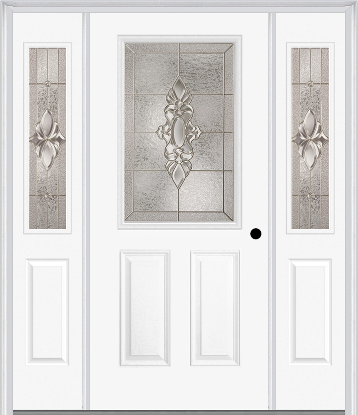 MMI 1/2 Lite 2 Panel 6'8" Fiberglass Smooth Heirlooms Brass Or Heirlooms Satin Nickel Exterior Prehung Door With 2 Half Lite Heirlooms Brass/Satin Nickel Decorative Glass Sidelights 684