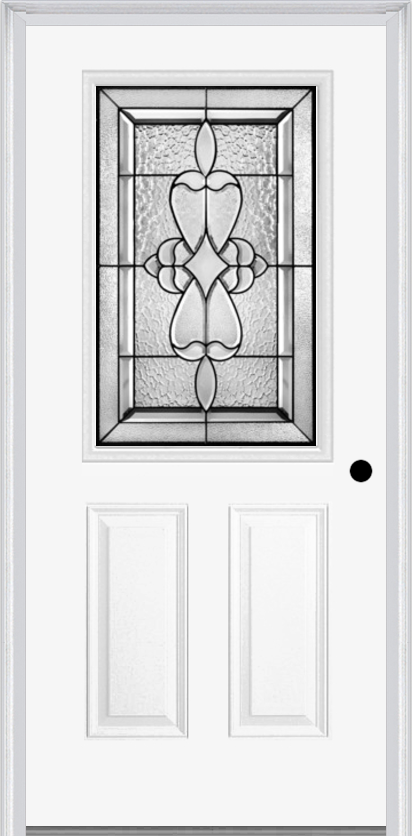 MMI 1/2 Lite 2 Panel 6'8" Fiberglass Smooth Jamestown Patina Decorative Glass Exterior Prehung Door 684