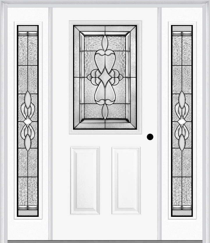 MMI 1/2 Lite 2 Panel 6'8" Fiberglass Smooth Jamestown Patina Exterior Prehung Door With 2 Full Lite Jamestown Patina Decorative Glass Sidelights 684