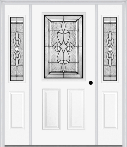 MMI 1/2 Lite 2 Panel 6'8" Fiberglass Smooth Jamestown Patina Exterior Prehung Door With 2 Half Lite Jamestown Patina Decorative Glass Sidelights 684