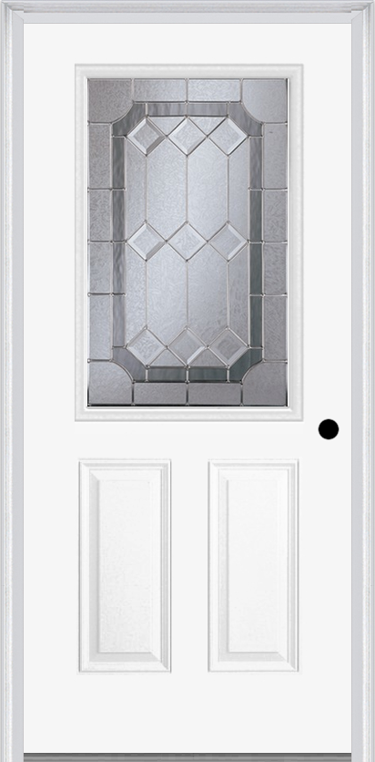 MMI 1/2 Lite 2 Panel 6'8" Fiberglass Smooth Majestic Nickel Decorative Glass Exterior Prehung Door 684