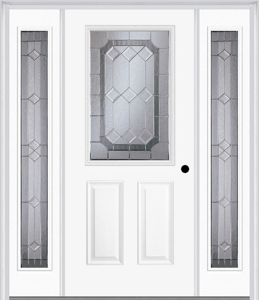 MMI 1/2 Lite 2 Panel 6'8" Fiberglass Smooth Majestic Nickel Exterior Prehung Door With 2 Full Lite Majestic Brass/Nickel Decorative Glass Sidelights 684