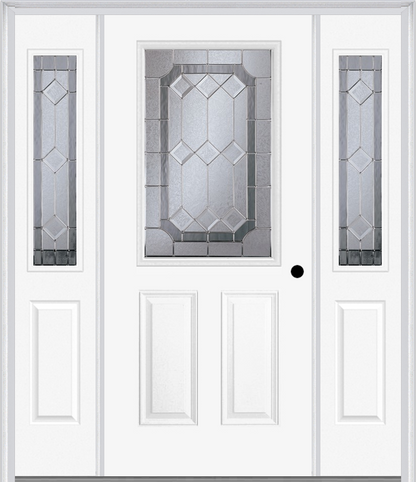 MMI 1/2 Lite 2 Panel 6'8" Fiberglass Smooth Majestic Brass Or Majestic Nickel Exterior Prehung Door With 2 Half Lite Majestic Brass/Nickel Decorative Glass Sidelights 684