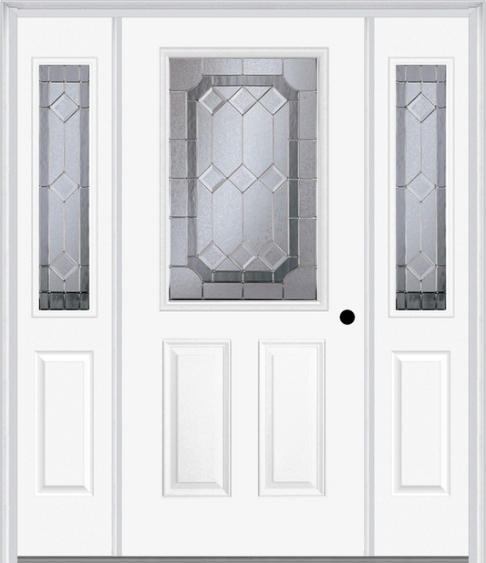 MMI 1/2 Lite 2 Panel 6'8" Fiberglass Smooth Majestic Nickel Exterior Prehung Door With 2 Half Lite Majestic Brass/Nickel Decorative Glass Sidelights 684