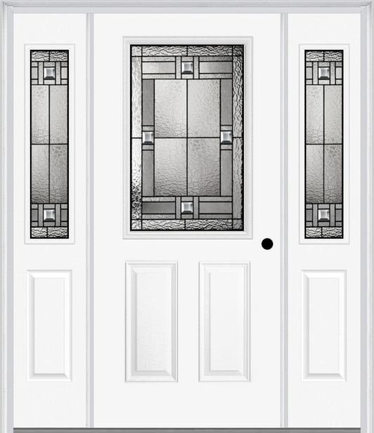 MMI 1/2 Lite 2 Panel 6'8" Fiberglass Smooth Noble Patina Exterior Prehung Door With 2 Half Lite Noble Patina Decorative Glass Sidelights 684