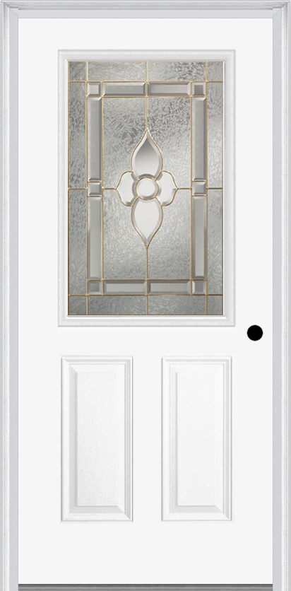 MMI 1/2 Lite 2 Panel 6'8" Fiberglass Smooth Nouveau Nickel Or Nouveau Patina Decorative Glass Exterior Prehung Door 684