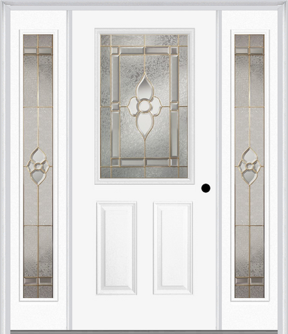 MMI 1/2 Lite 2 Panel 6'8" Fiberglass Smooth Nouveau Nickel, Or Nouveau Patina Exterior Prehung Door With 2 Full Lite Nouveau Brass/Nickel/Patina Decorative Glass Sidelights 684