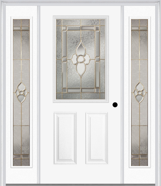 MMI 1/2 Lite 2 Panel 6'8" Fiberglass Smooth Nouveau Nickel, Or Nouveau Patina Exterior Prehung Door With 2 Full Lite Nouveau Brass/Nickel/Patina Decorative Glass Sidelights 684