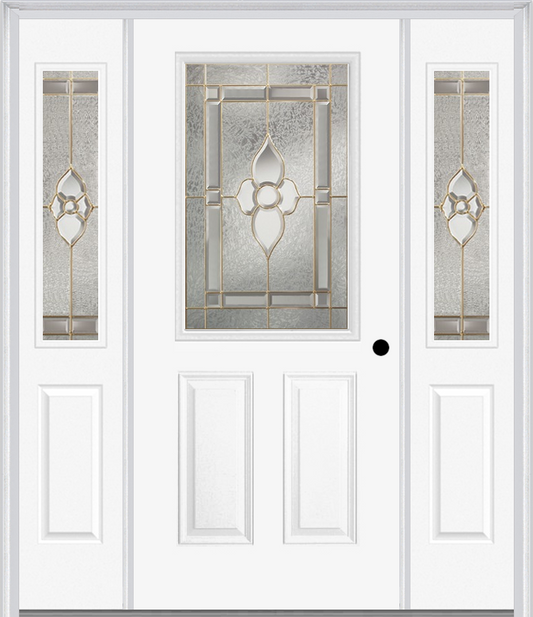 MMI 1/2 Lite 2 Panel 6'8" Fiberglass Smooth Nouveau Nickel Or Nouveau Patina Exterior Prehung Door With 2 Half Lite Nouveau Brass/Nickel/Patina Decorative Glass Sidelights 684