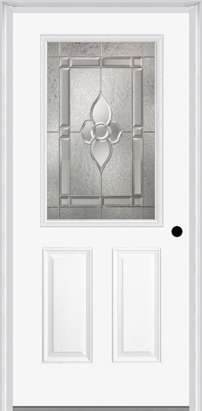 MMI 1/2 Lite 2 Panel 6'8" Fiberglass Smooth Nouveau Nickel Or Nouveau Patina Decorative Glass Exterior Prehung Door 684