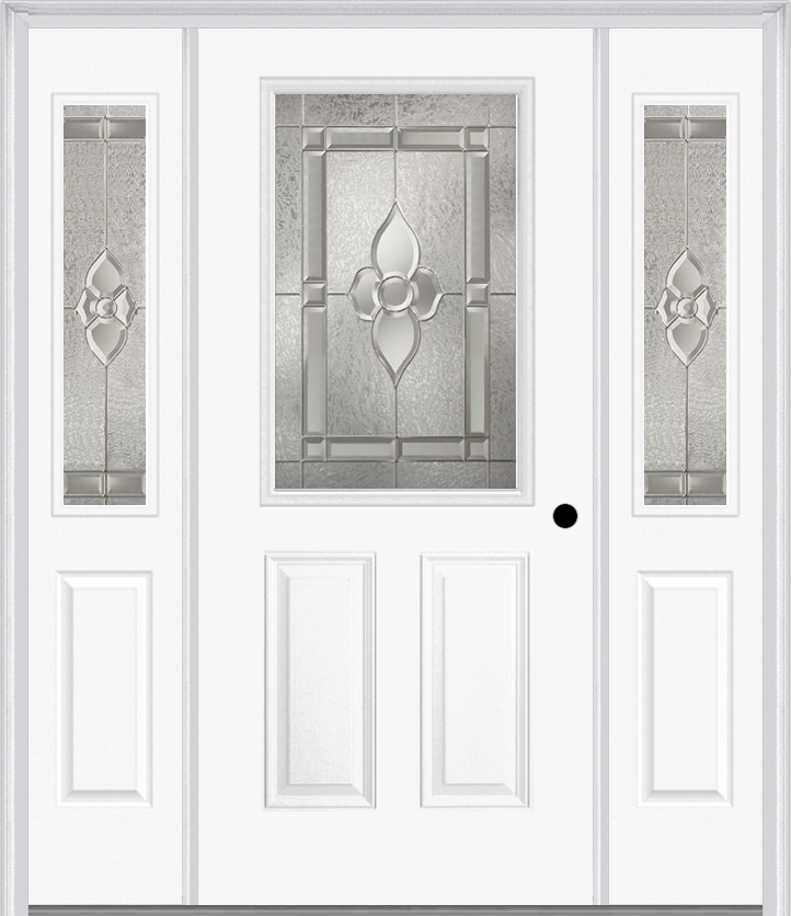 MMI 1/2 Lite 2 Panel 6'8" Fiberglass Smooth Nouveau Nickel Or Nouveau Patina Exterior Prehung Door With 2 Half Lite Nouveau Brass/Nickel/Patina Decorative Glass Sidelights 684