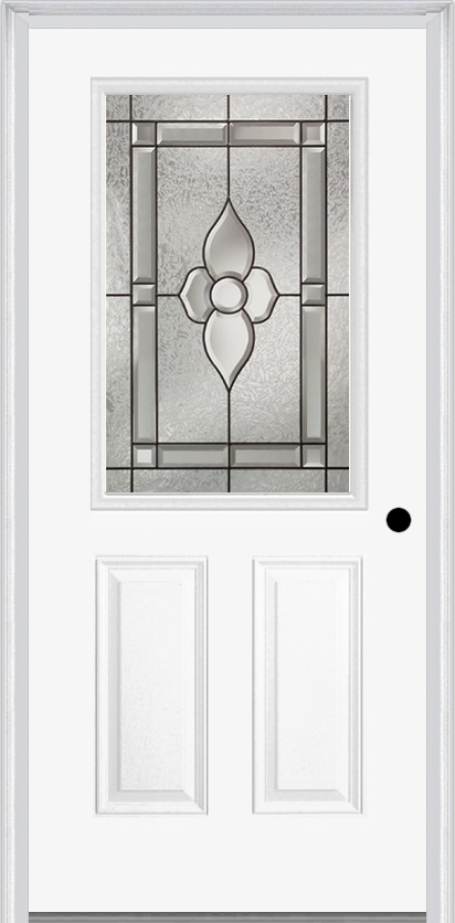 MMI 1/2 Lite 2 Panel 6'8" Fiberglass Smooth Nouveau Nickel Or Nouveau Patina Decorative Glass Exterior Prehung Door 684